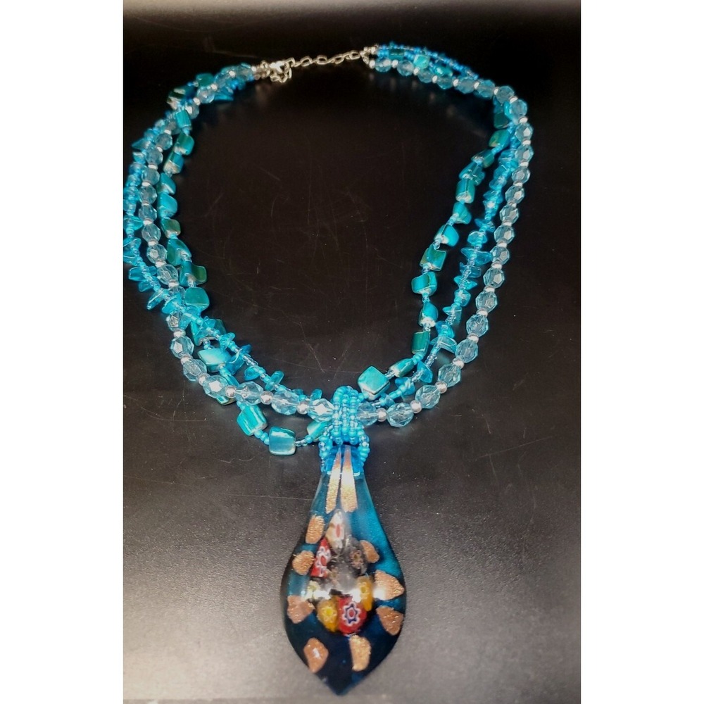 Dyed Abalone Shell And Glass Beaded Necklace With Large Blown Glass Pendant 20+"